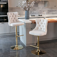 2x Height Adjustable Swivel Bar Stool Velvet Studs Barstool with Footrest and Golden Base- Beige Furniture Kings Warehouse 