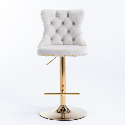 2x Height Adjustable Swivel Bar Stool Velvet Studs Barstool with Footrest and Golden Base- Beige Furniture Kings Warehouse 