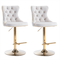2x Height Adjustable Swivel Bar Stool Velvet Studs Barstool with Footrest and Golden Base- Beige Furniture Kings Warehouse 
