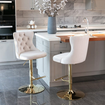 2x Height Adjustable Swivel Bar Stool Velvet Studs Barstool with Footrest and Golden Base- Beige Furniture Kings Warehouse 