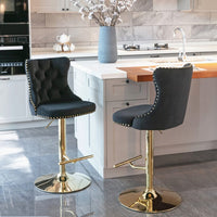 2x Height Adjustable Swivel Bar Stool Velvet Studs Barstool with Footrest and Golden Base- Black Furniture Kings Warehouse 