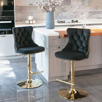 2x Height Adjustable Swivel Bar Stool Velvet Studs Barstool with Footrest and Golden Base- Black Furniture Kings Warehouse 