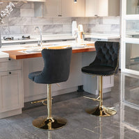 2x Height Adjustable Swivel Bar Stool Velvet Studs Barstool with Footrest and Golden Base- Black Furniture Kings Warehouse 