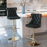 2x Height Adjustable Swivel Bar Stool Velvet Studs Barstool with Footrest and Golden Base- Black Furniture Kings Warehouse 