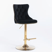 2x Height Adjustable Swivel Bar Stool Velvet Studs Barstool with Footrest and Golden Base- Black Furniture Kings Warehouse 