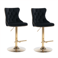 2x Height Adjustable Swivel Bar Stool Velvet Studs Barstool with Footrest and Golden Base- Black Furniture Kings Warehouse 