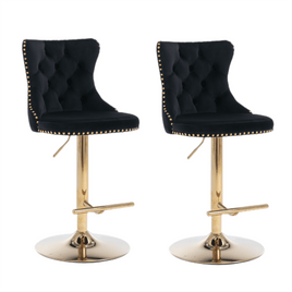 2x Height Adjustable Swivel Bar Stool Velvet Studs Barstool with Footrest and Golden Base- Black Furniture Kings Warehouse 