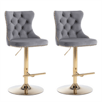 2x Height Adjustable Swivel Bar Stool Velvet Studs Barstool with Footrest and Golden Base- Grey bar stools Kings Warehouse 