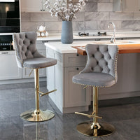 2x Height Adjustable Swivel Bar Stool Velvet Studs Barstool with Footrest and Golden Base- Grey Furniture Kings Warehouse 