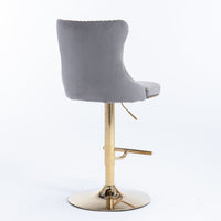 2x Height Adjustable Swivel Bar Stool Velvet Studs Barstool with Footrest and Golden Base- Grey Furniture Kings Warehouse 