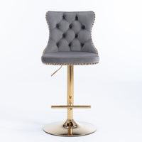 2x Height Adjustable Swivel Bar Stool Velvet Studs Barstool with Footrest and Golden Base- Grey Furniture Kings Warehouse 