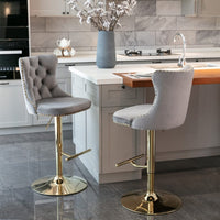 2x Height Adjustable Swivel Bar Stool Velvet Studs Barstool with Footrest and Golden Base- Grey Furniture Kings Warehouse 