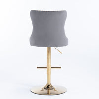 2x Height Adjustable Swivel Bar Stool Velvet Studs Barstool with Footrest and Golden Base- Grey Furniture Kings Warehouse 