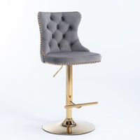 2x Height Adjustable Swivel Bar Stool Velvet Studs Barstool with Footrest and Golden Base- Grey Furniture Kings Warehouse 