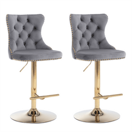 2x Height Adjustable Swivel Bar Stool Velvet Studs Barstool with Footrest and Golden Base- Grey Furniture Kings Warehouse 