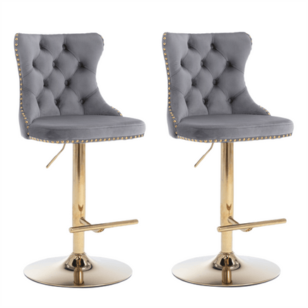 2x Height Adjustable Swivel Bar Stool Velvet Studs Barstool with Footrest and Golden Base- Grey Furniture Kings Warehouse 