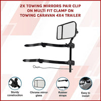 2x Towing Mirrors Pair Clip on Multi Fit Clamp On Towing Caravan 4X4 Trailer Tools Kings Warehouse 