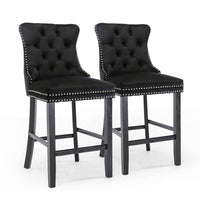 2X Velvet Bar Stools with Studs Trim Wooden Legs Tufted Dining Chairs Kitchen Furniture Frenzy Kings Warehouse 