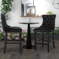 2X Velvet Bar Stools with Studs Trim Wooden Legs Tufted Dining Chairs Kitchen Furniture Frenzy Kings Warehouse 
