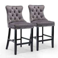 2X Velvet Bar Stools with Studs Trim Wooden Legs Tufted Dining Chairs Kitchen Furniture Kings Warehouse 