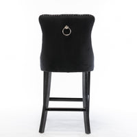 2X Velvet Bar Stools with Studs Trim Wooden Legs Tufted Dining Chairs Kitchen Furniture Kings Warehouse 