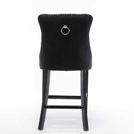 2X Velvet Bar Stools with Studs Trim Wooden Legs Tufted Dining Chairs Kitchen Furniture Kings Warehouse 