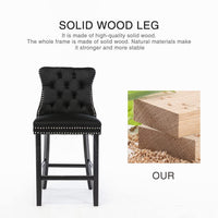 2X Velvet Bar Stools with Studs Trim Wooden Legs Tufted Dining Chairs Kitchen Furniture Kings Warehouse 
