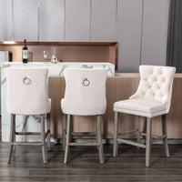 2X Velvet Bar Stools with Studs Trim Wooden Legs Tufted Dining Chairs Kitchen Furniture Kings Warehouse 
