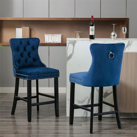 2X Velvet Bar Stools with Studs Trim Wooden Legs Tufted Dining Chairs Kitchen Furniture Kings Warehouse 