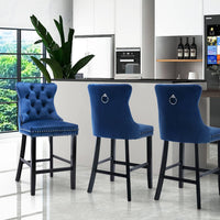 2X Velvet Bar Stools with Studs Trim Wooden Legs Tufted Dining Chairs Kitchen Furniture Kings Warehouse 