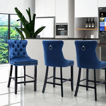 2X Velvet Bar Stools with Studs Trim Wooden Legs Tufted Dining Chairs Kitchen Furniture Kings Warehouse 