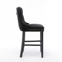 2X Velvet Bar Stools with Studs Trim Wooden Legs Tufted Dining Chairs Kitchen Furniture Kings Warehouse 