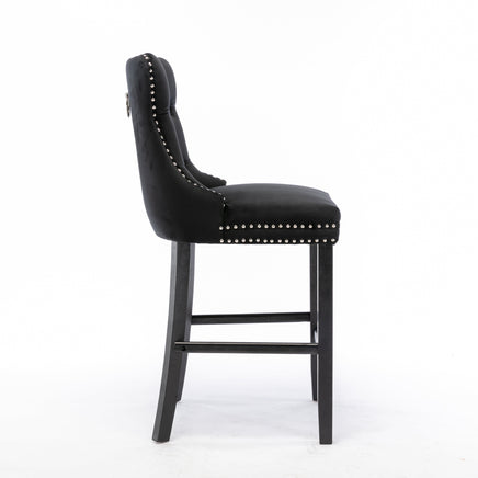 2X Velvet Bar Stools with Studs Trim Wooden Legs Tufted Dining Chairs Kitchen Furniture Kings Warehouse 
