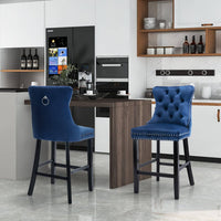 2X Velvet Bar Stools with Studs Trim Wooden Legs Tufted Dining Chairs Kitchen Furniture Kings Warehouse 