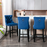 2X Velvet Bar Stools with Studs Trim Wooden Legs Tufted Dining Chairs Kitchen Furniture Kings Warehouse 