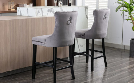 2X Velvet Bar Stools with Studs Trim Wooden Legs Tufted Dining Chairs Kitchen Furniture Kings Warehouse 