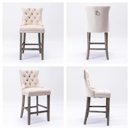 2X Velvet Bar Stools with Studs Trim Wooden Legs Tufted Dining Chairs Kitchen Furniture Kings Warehouse 