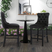 2X Velvet Bar Stools with Studs Trim Wooden Legs Tufted Dining Chairs Kitchen Furniture Kings Warehouse 