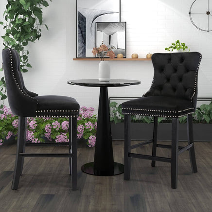 2X Velvet Bar Stools with Studs Trim Wooden Legs Tufted Dining Chairs Kitchen Furniture Kings Warehouse 