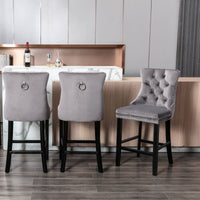 2X Velvet Bar Stools with Studs Trim Wooden Legs Tufted Dining Chairs Kitchen Furniture Kings Warehouse 