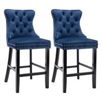 2X Velvet Bar Stools with Studs Trim Wooden Legs Tufted Dining Chairs Kitchen Furniture Kings Warehouse 