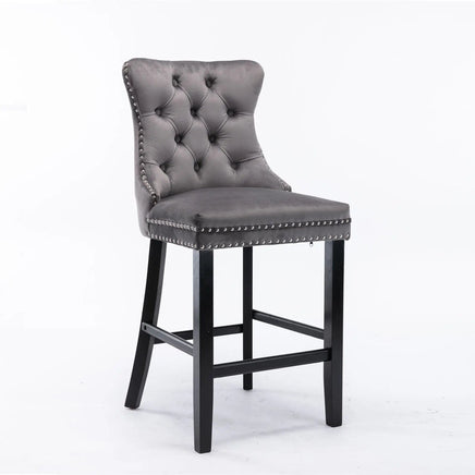 2X Velvet Bar Stools with Studs Trim Wooden Legs Tufted Dining Chairs Kitchen Furniture Kings Warehouse 