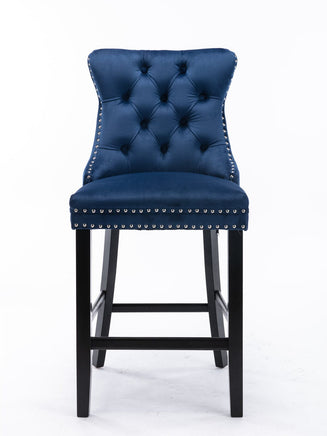 2X Velvet Bar Stools with Studs Trim Wooden Legs Tufted Dining Chairs Kitchen Furniture Kings Warehouse 