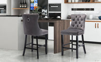 2X Velvet Bar Stools with Studs Trim Wooden Legs Tufted Dining Chairs Kitchen Furniture Kings Warehouse 