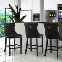 2X Velvet Bar Stools with Studs Trim Wooden Legs Tufted Dining Chairs Kitchen Furniture Kings Warehouse 