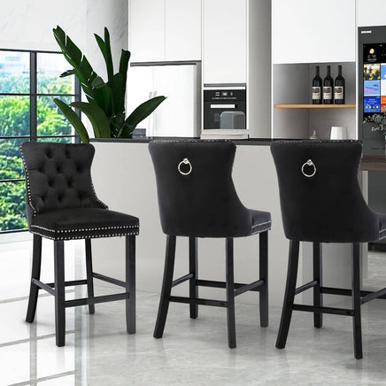 2X Velvet Bar Stools with Studs Trim Wooden Legs Tufted Dining Chairs Kitchen Furniture Kings Warehouse 