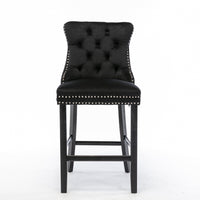 2X Velvet Bar Stools with Studs Trim Wooden Legs Tufted Dining Chairs Kitchen Furniture Kings Warehouse 