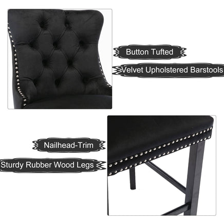 2X Velvet Bar Stools with Studs Trim Wooden Legs Tufted Dining Chairs Kitchen Furniture Kings Warehouse 