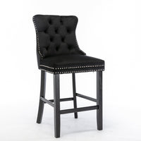 2X Velvet Bar Stools with Studs Trim Wooden Legs Tufted Dining Chairs Kitchen Furniture Kings Warehouse 