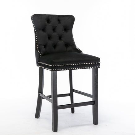 2X Velvet Bar Stools with Studs Trim Wooden Legs Tufted Dining Chairs Kitchen Furniture Kings Warehouse 